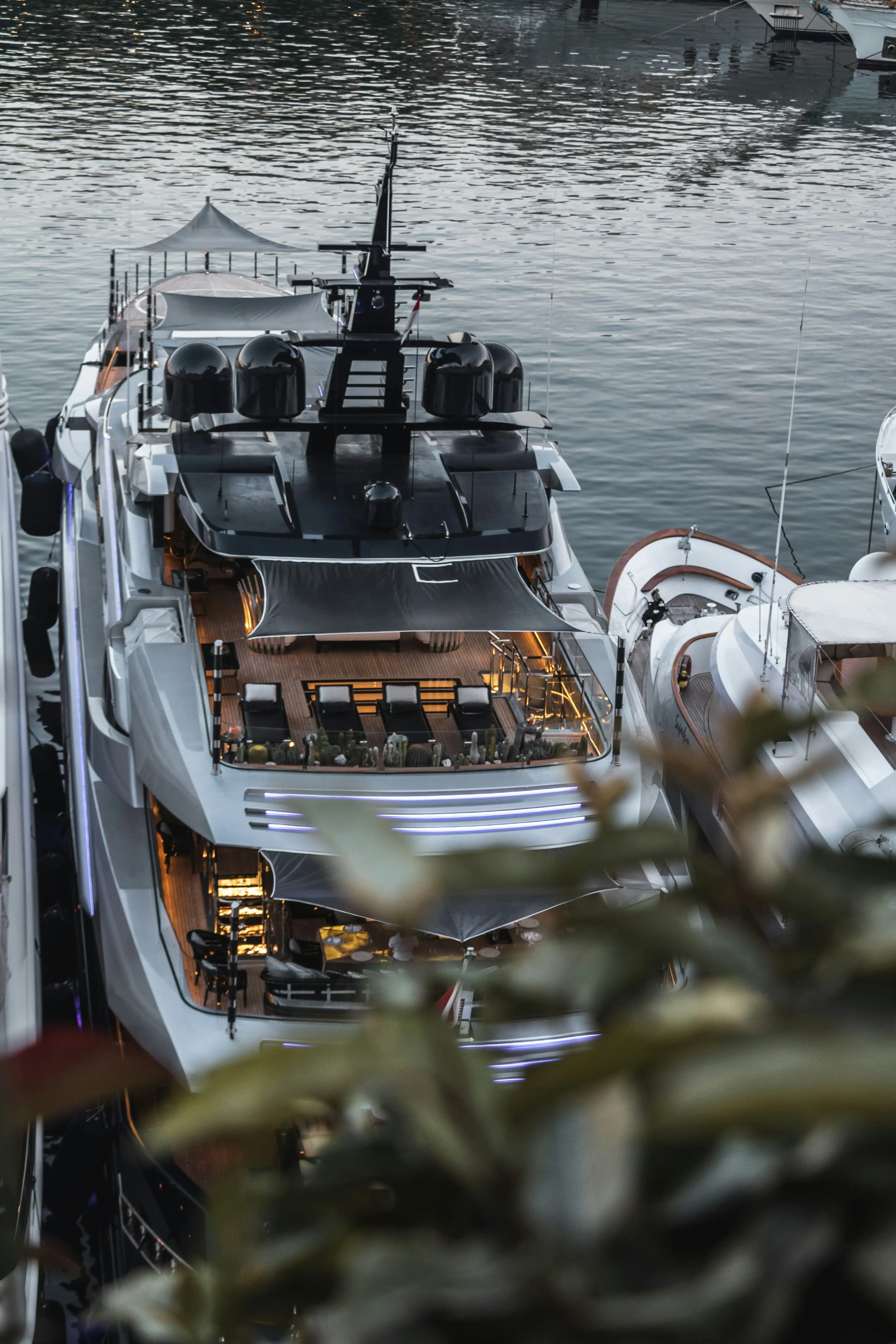 View of superyacht berthed in Port Hercule, Monaco