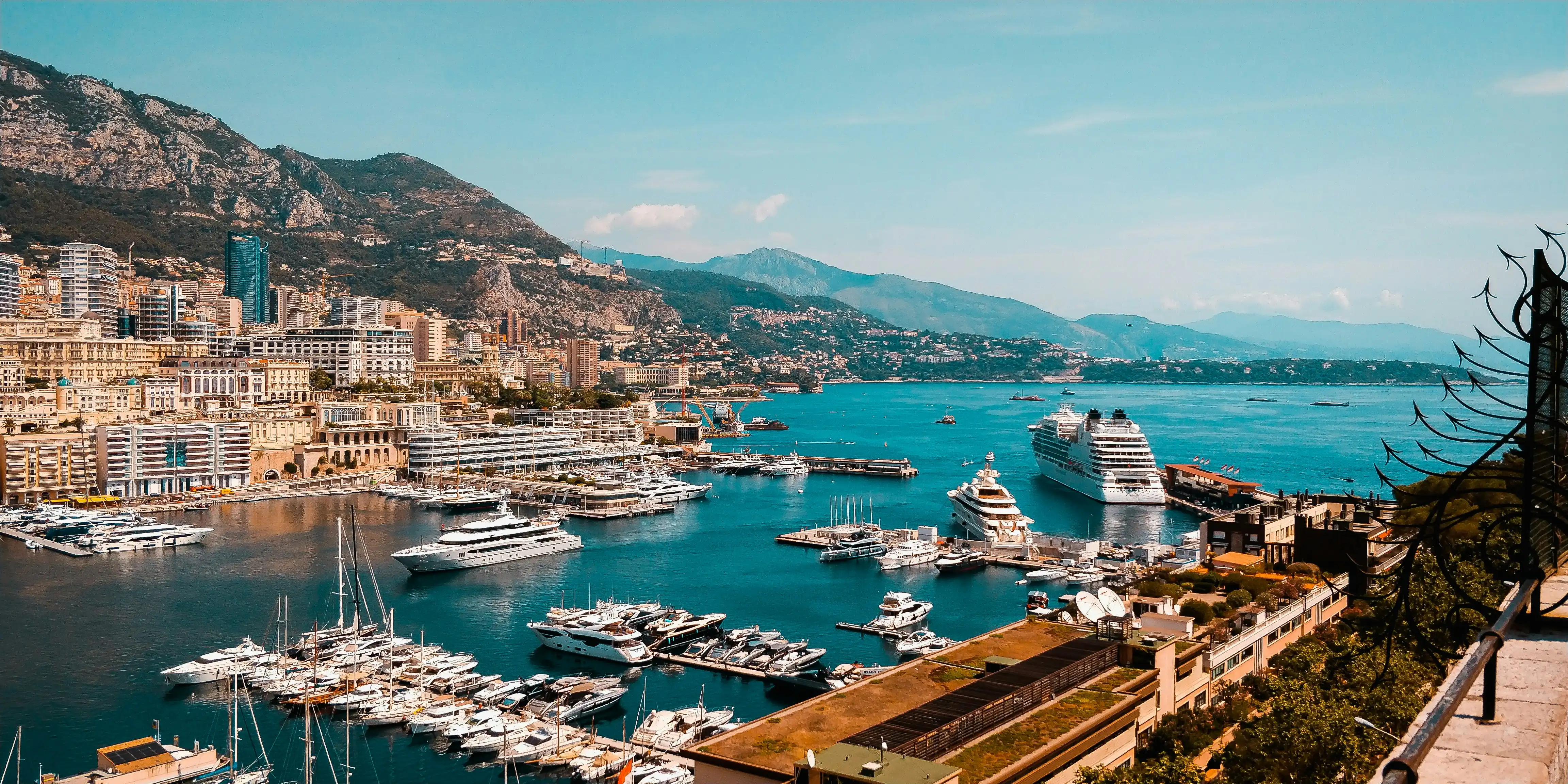 View of charter yachts coming into Port Hercule, Monaco